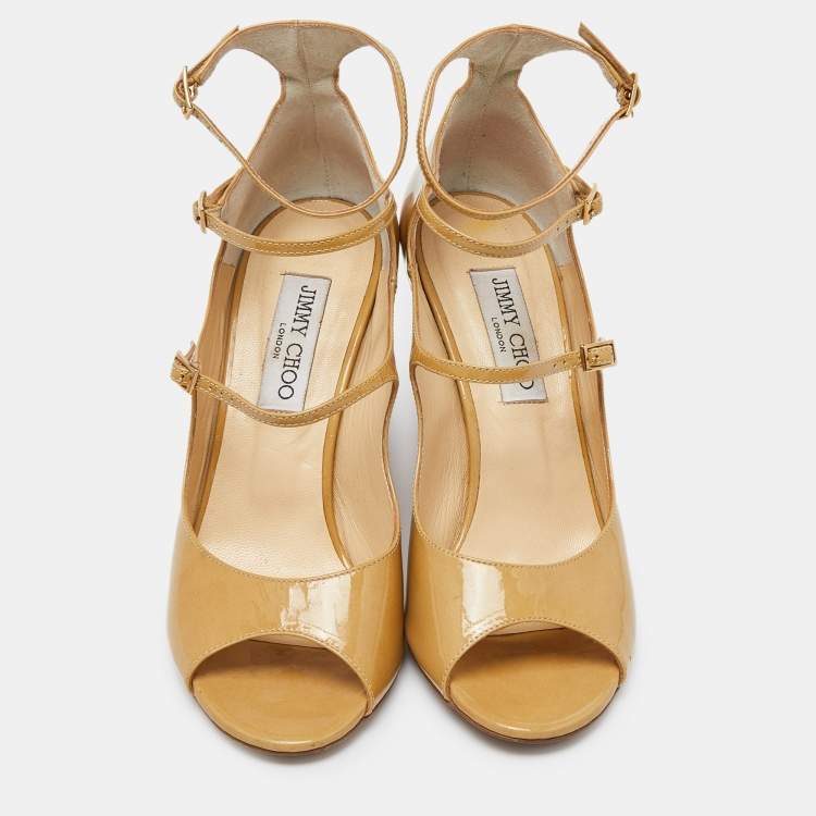 Pre Owned Jimmy Choo Beige Patent Leather Strappy Wedge Open Toe Pumps Size 38