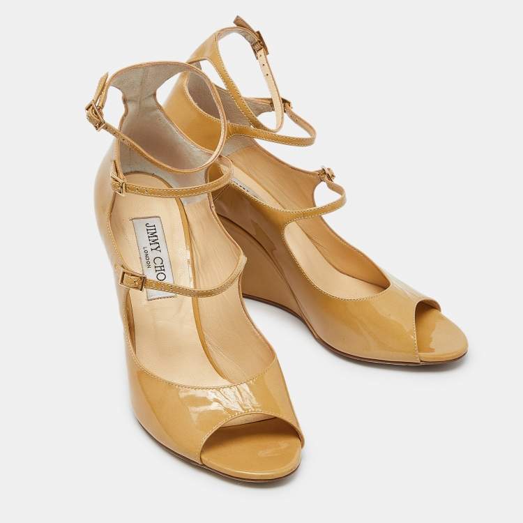 Pre Owned Jimmy Choo Beige Patent Leather Strappy Wedge Open Toe Pumps Size 38