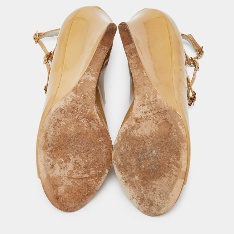 Pre Owned Jimmy Choo Beige Patent Leather Strappy Wedge Open Toe Pumps Size 38
