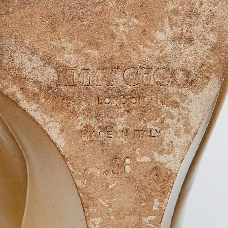 Pre Owned Jimmy Choo Beige Patent Leather Strappy Wedge Open Toe Pumps Size 38