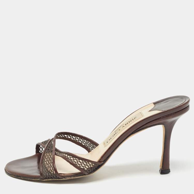 Pre Owned Jimmy Choo Brown Leather Mesh and Leather Slide Sandals Size 36.5