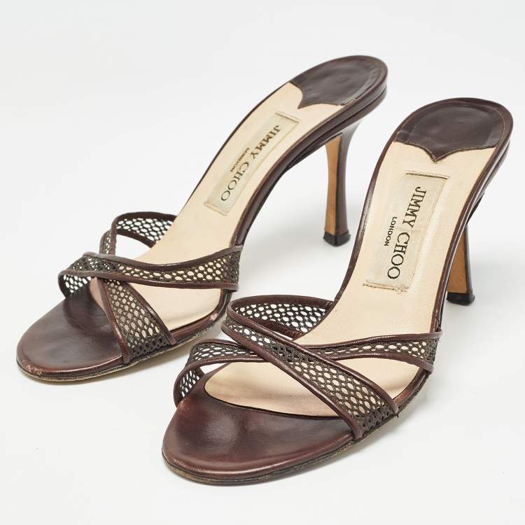 Pre Owned Jimmy Choo Brown Leather Mesh and Leather Slide Sandals Size 36.5