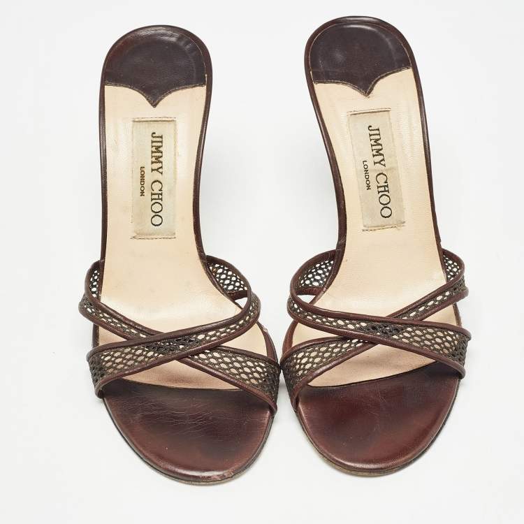 Pre Owned Jimmy Choo Brown Leather Mesh and Leather Slide Sandals Size 36.5