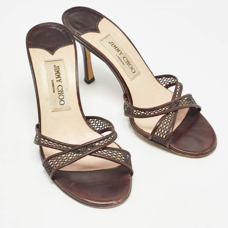 Pre Owned Jimmy Choo Brown Leather Mesh and Leather Slide Sandals Size 36.5
