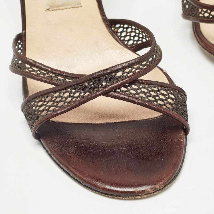 Pre Owned Jimmy Choo Brown Leather Mesh and Leather Slide Sandals Size 36.5