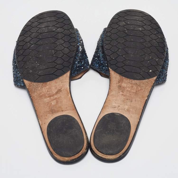Pre Owned Jimmy Choo Navy Blue Glitter Nanda Flat Slides Size 37
