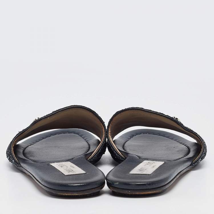 Pre Owned Jimmy Choo Navy Blue Glitter Nanda Flat Slides Size 37