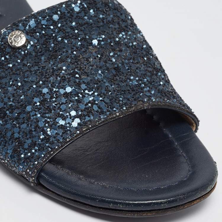 Pre Owned Jimmy Choo Navy Blue Glitter Nanda Flat Slides Size 37