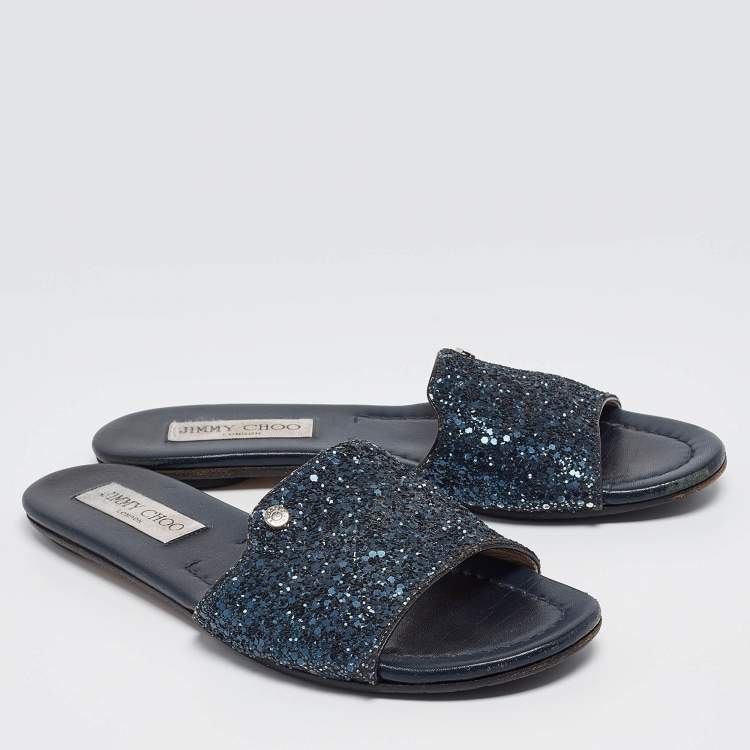 Pre Owned Jimmy Choo Navy Blue Glitter Nanda Flat Slides Size 37
