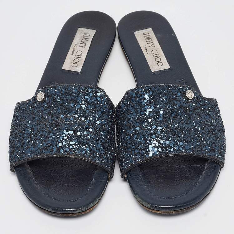 Pre Owned Jimmy Choo Navy Blue Glitter Nanda Flat Slides Size 37
