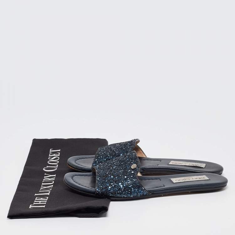 Pre Owned Jimmy Choo Navy Blue Glitter Nanda Flat Slides Size 37