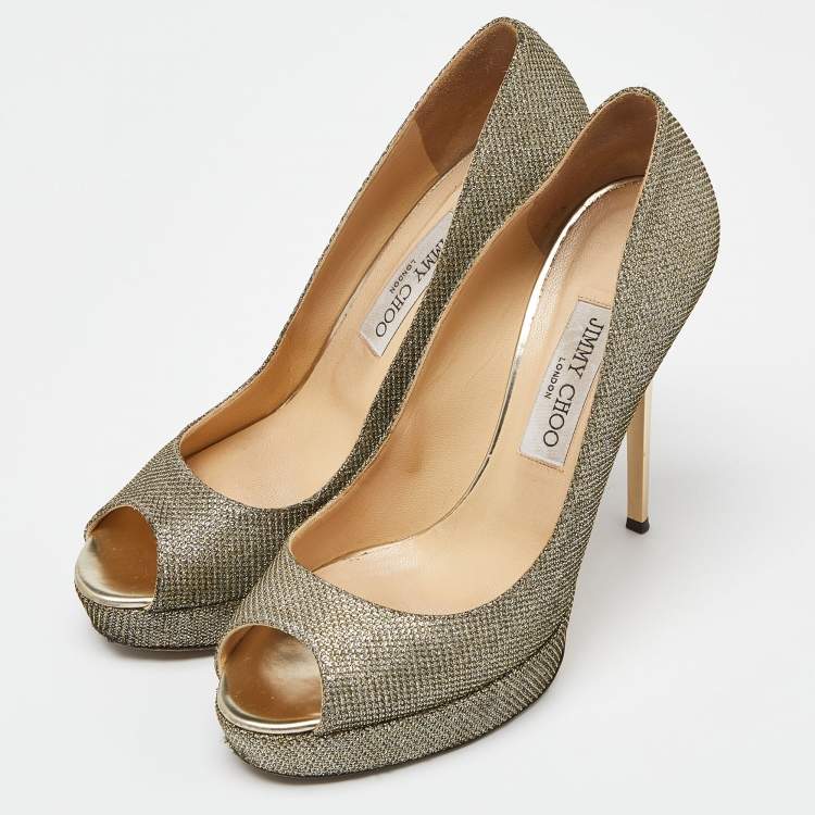 Pre Owned Jimmy Choo Gold/Silver Glitter Fabric Dahlia Platform Pumps Size 39.5