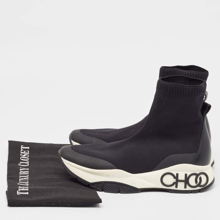 Pre Owned Jimmy Choo Black Knit Fabric and Leather Raine High Top Sneakers Size 38