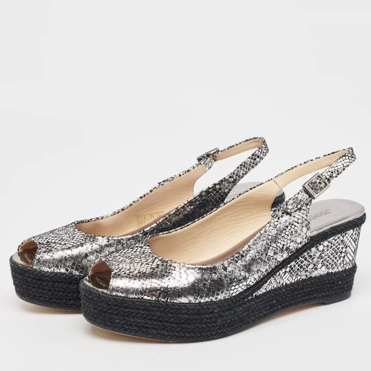Pre Owned Jimmy Choo Silver Snake Embossed Leather Wedge Sandals Size 40