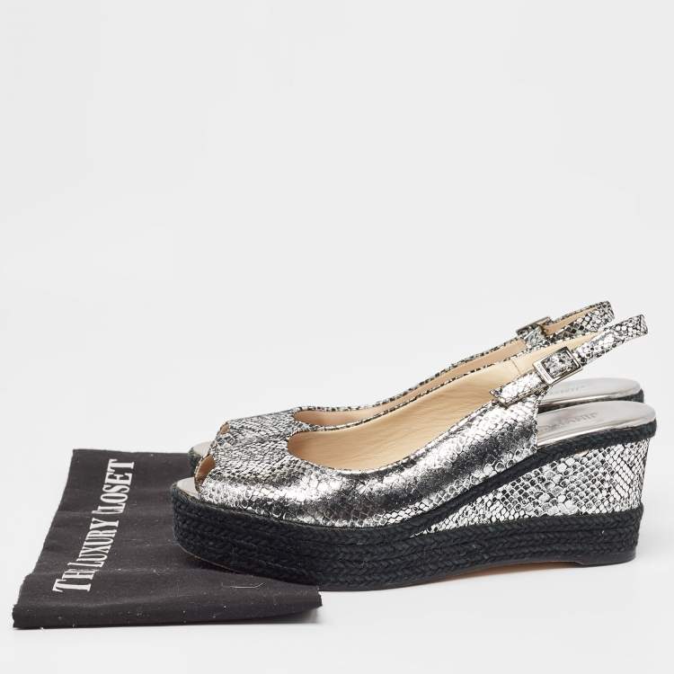 Pre Owned Jimmy Choo Silver Snake Embossed Leather Wedge Sandals Size 40