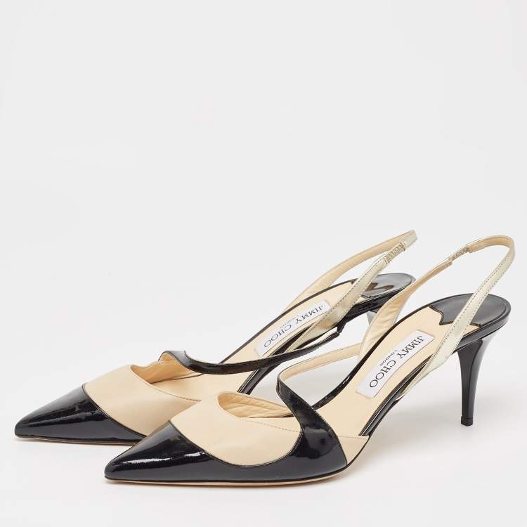 Pre Owned Jimmy Choo Black/Beige Leather and Patent Slingback Pumps Size 41    