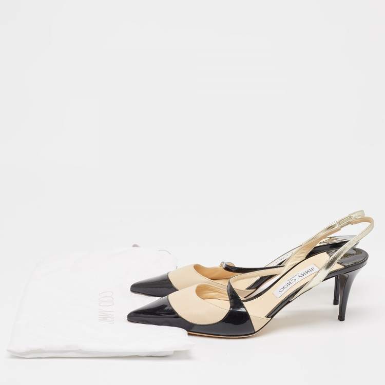 Pre Owned Jimmy Choo Black/Beige Leather and Patent Slingback Pumps Size 41    