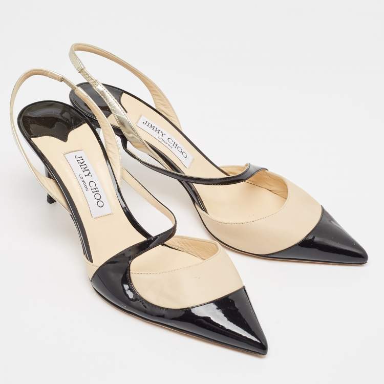 Pre Owned Jimmy Choo Black/Beige Leather and Patent Slingback Pumps Size 41    