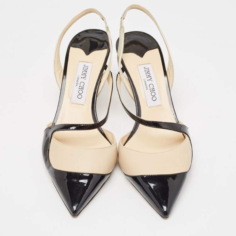 Pre Owned Jimmy Choo Black/Beige Leather and Patent Slingback Pumps Size 41    
