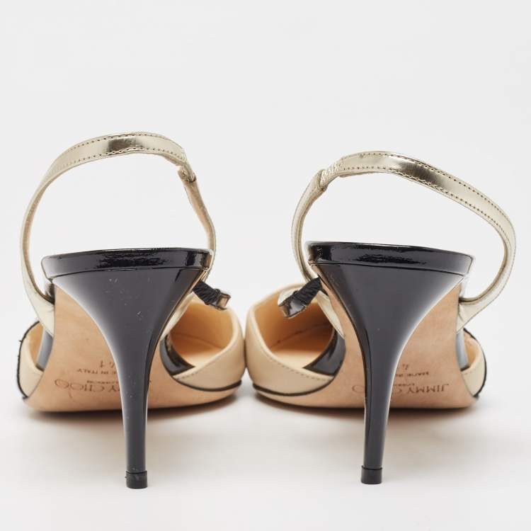 Pre Owned Jimmy Choo Black/Beige Leather and Patent Slingback Pumps Size 41    