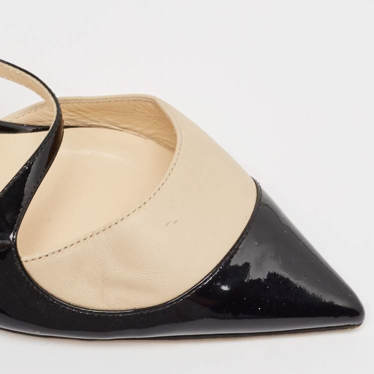 Pre Owned Jimmy Choo Black/Beige Leather and Patent Slingback Pumps Size 41    