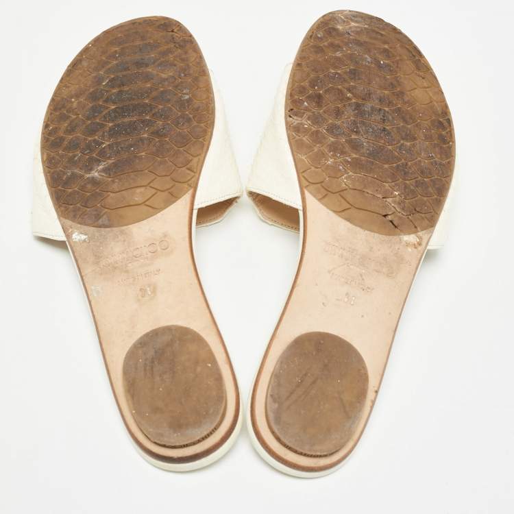 Pre Owned Jimmy Choo Cream Snakeskin Nanda Flat Slides Size 38