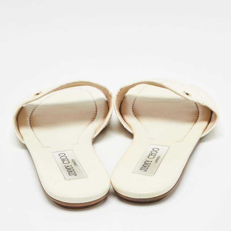 Pre Owned Jimmy Choo Cream Snakeskin Nanda Flat Slides Size 38