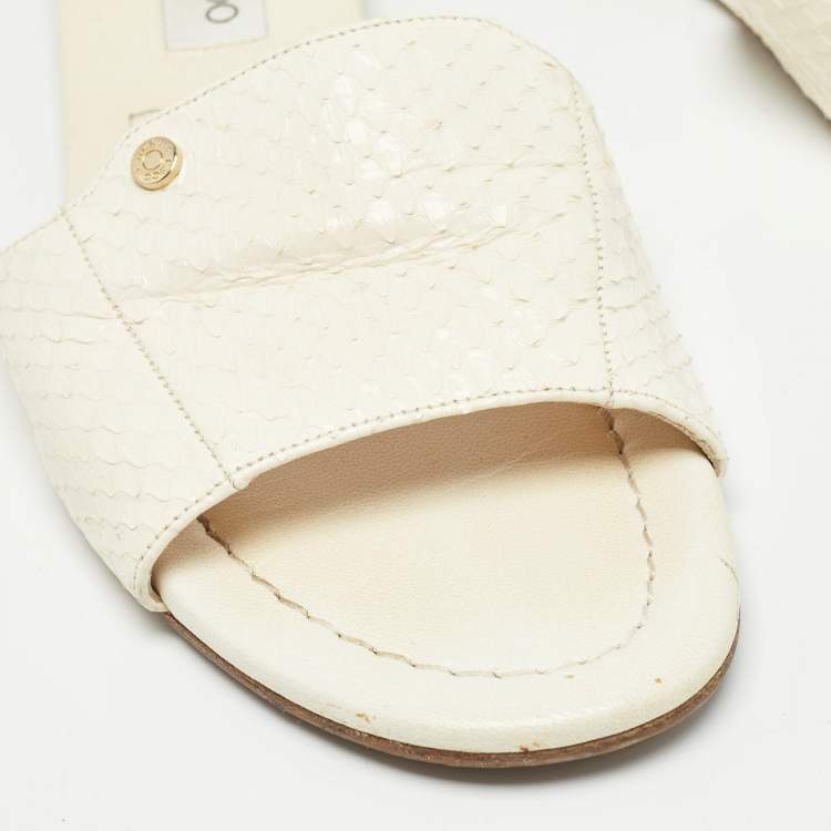 Pre Owned Jimmy Choo Cream Snakeskin Nanda Flat Slides Size 38