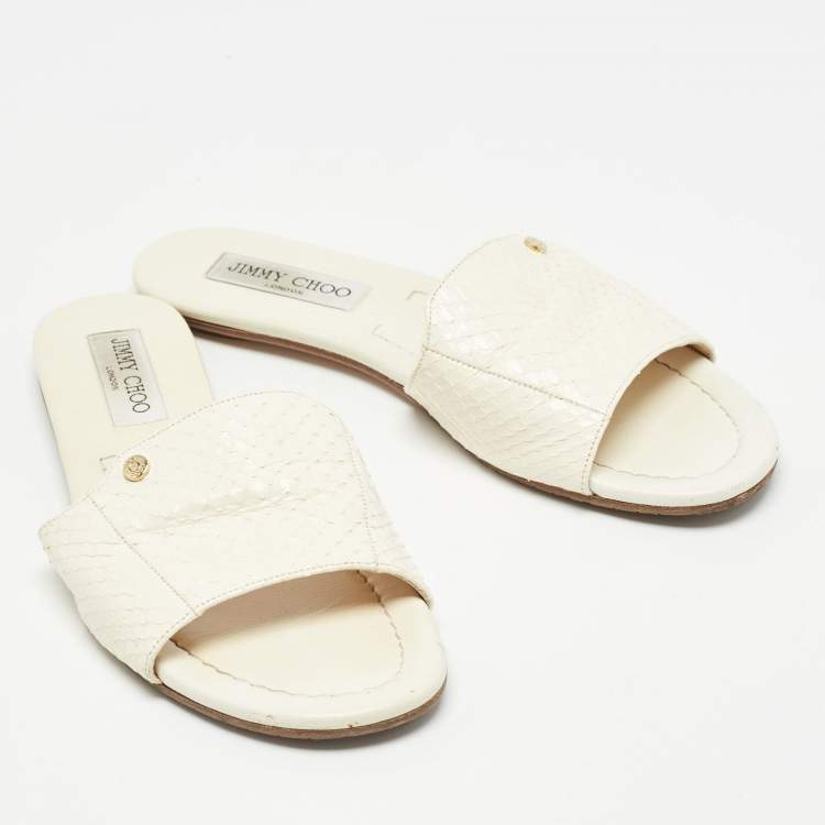 Pre Owned Jimmy Choo Cream Snakeskin Nanda Flat Slides Size 38
