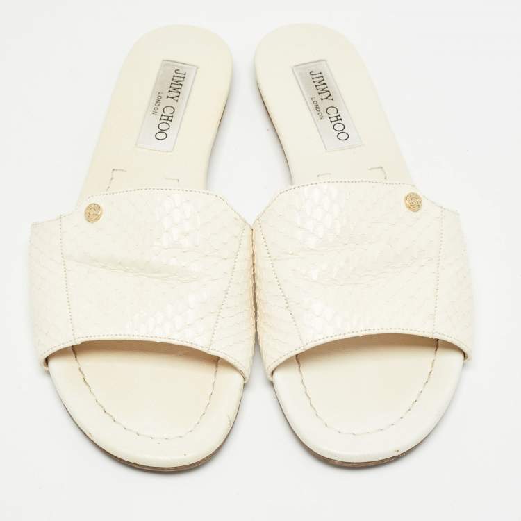 Pre Owned Jimmy Choo Cream Snakeskin Nanda Flat Slides Size 38