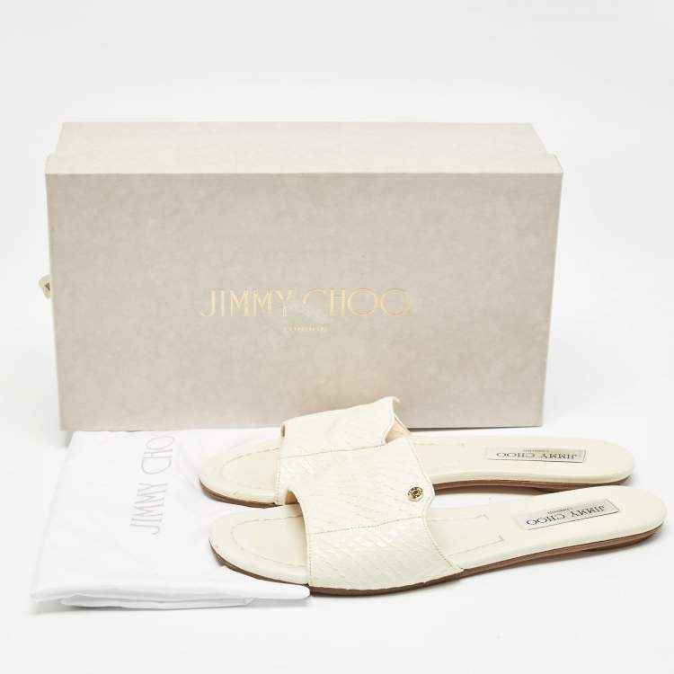 Pre Owned Jimmy Choo Cream Snakeskin Nanda Flat Slides Size 38