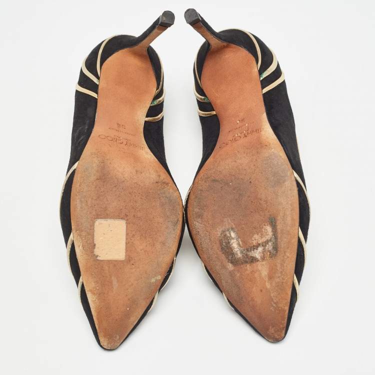 Pre Owned Jimmy Choo Black/Gold Suede and Leather Trim Romy Pointed Toe Pumps Size 36