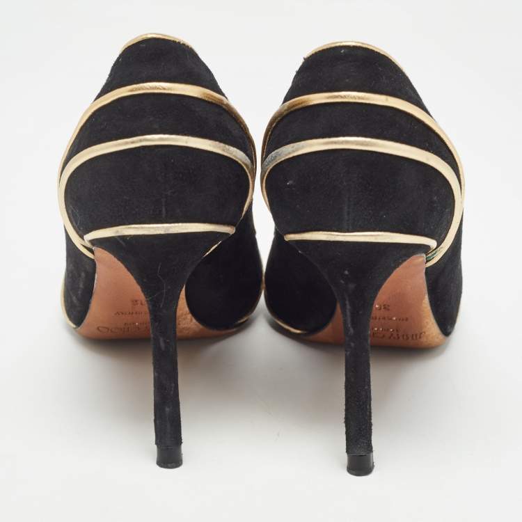 Pre Owned Jimmy Choo Black/Gold Suede and Leather Trim Romy Pointed Toe Pumps Size 36