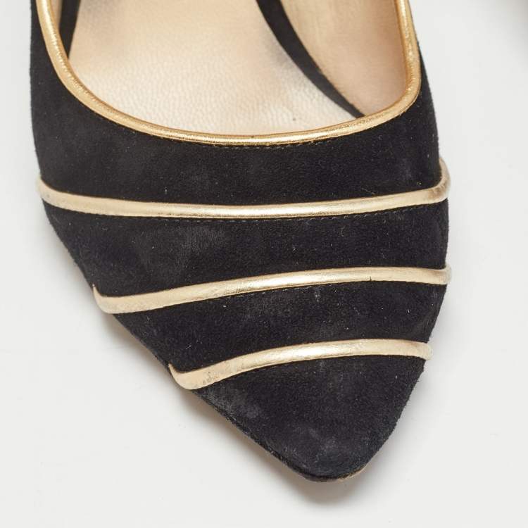 Pre Owned Jimmy Choo Black/Gold Suede and Leather Trim Romy Pointed Toe Pumps Size 36