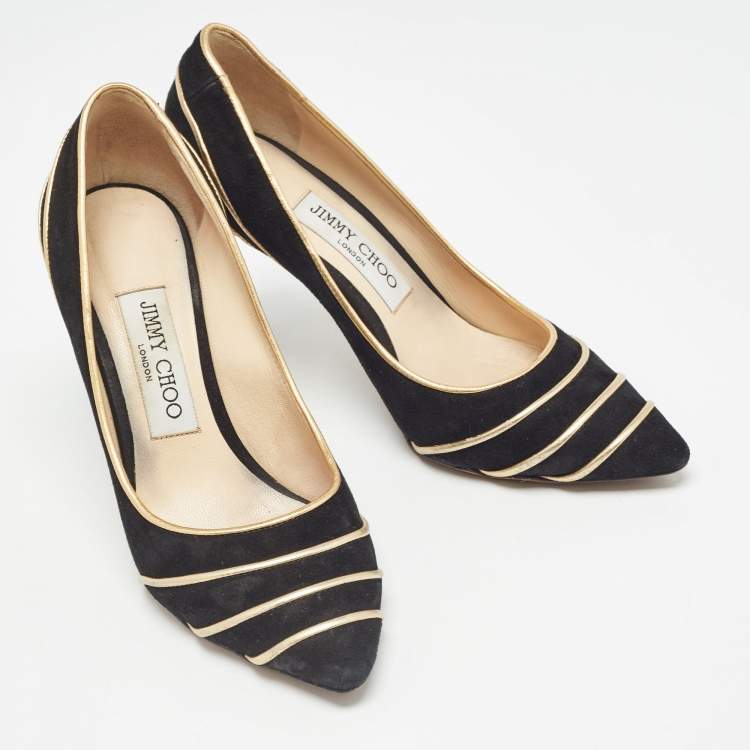 Pre Owned Jimmy Choo Black/Gold Suede and Leather Trim Romy Pointed Toe Pumps Size 36