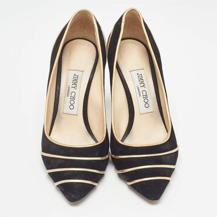 Pre Owned Jimmy Choo Black/Gold Suede and Leather Trim Romy Pointed Toe Pumps Size 36