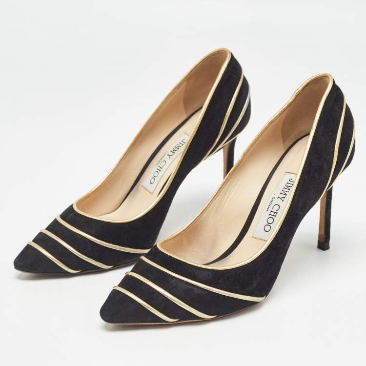 Pre Owned Jimmy Choo Black/Gold Suede and Leather Trim Romy Pointed Toe Pumps Size 36