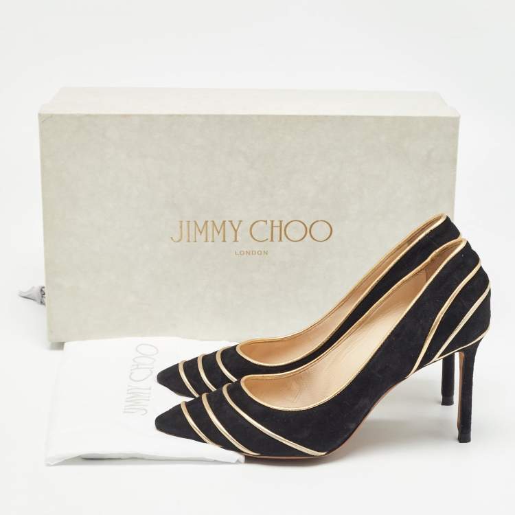 Pre Owned Jimmy Choo Black/Gold Suede and Leather Trim Romy Pointed Toe Pumps Size 36