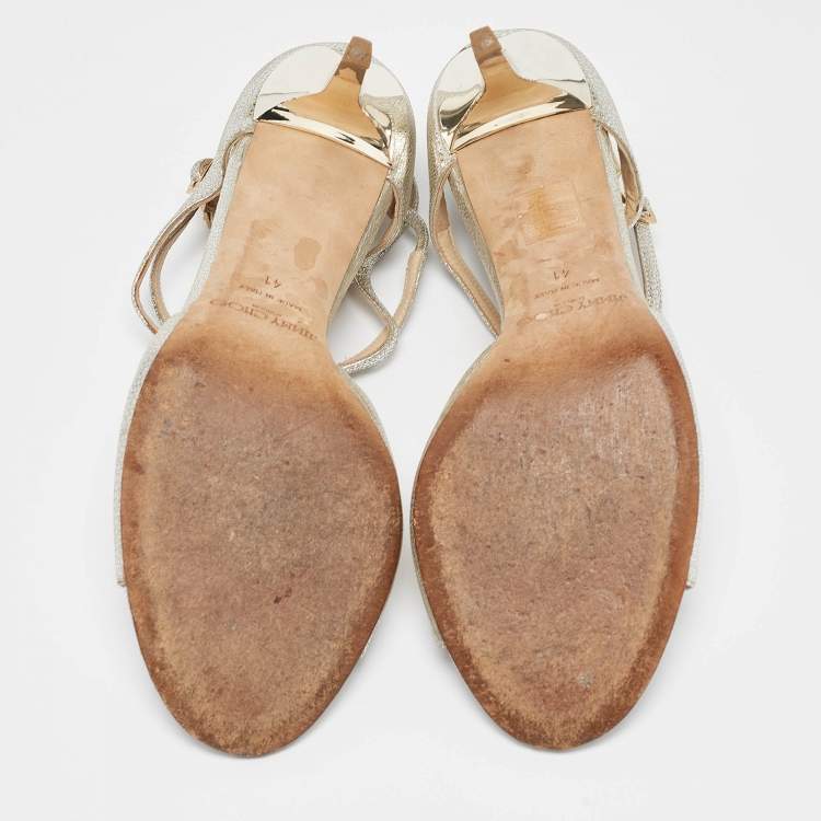 Pre Owned Jimmy Choo Silver Leather Lang Ankle Strap  Sandals Size 41