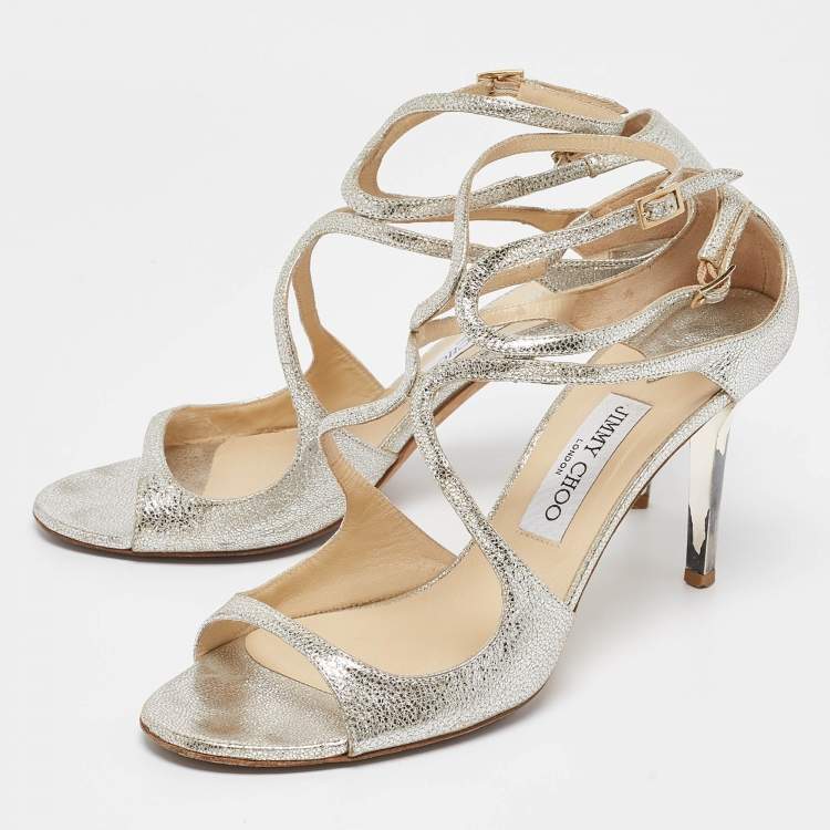 Pre Owned Jimmy Choo Silver Leather Lang Ankle Strap  Sandals Size 41