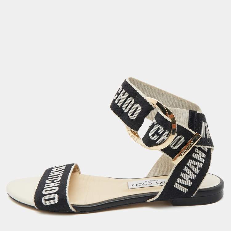 Pre Owned Jimmy Choo Black/Beige  Canvas Breanne Flat Sandals Size 37
