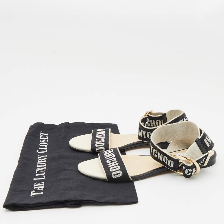 Pre Owned Jimmy Choo Black/Beige  Canvas Breanne Flat Sandals Size 37