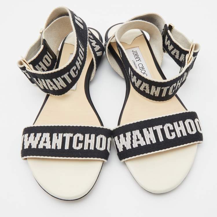 Pre Owned Jimmy Choo Black/Beige  Canvas Breanne Flat Sandals Size 37
