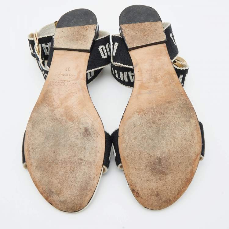 Pre Owned Jimmy Choo Black/Beige  Canvas Breanne Flat Sandals Size 37