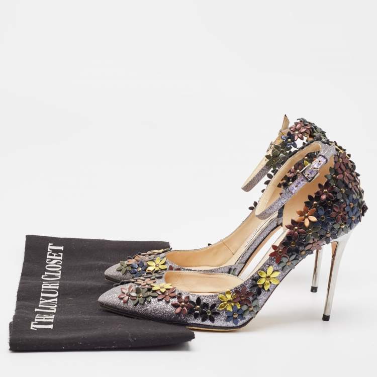 Pre Owned Jimmy Choo Grey Glitter Lorelai Ankle Strap Pumps Size 36