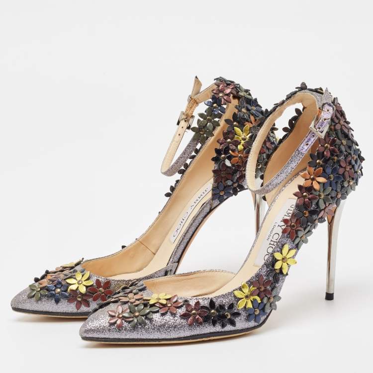 Pre Owned Jimmy Choo Grey Glitter Lorelai Ankle Strap Pumps Size 36