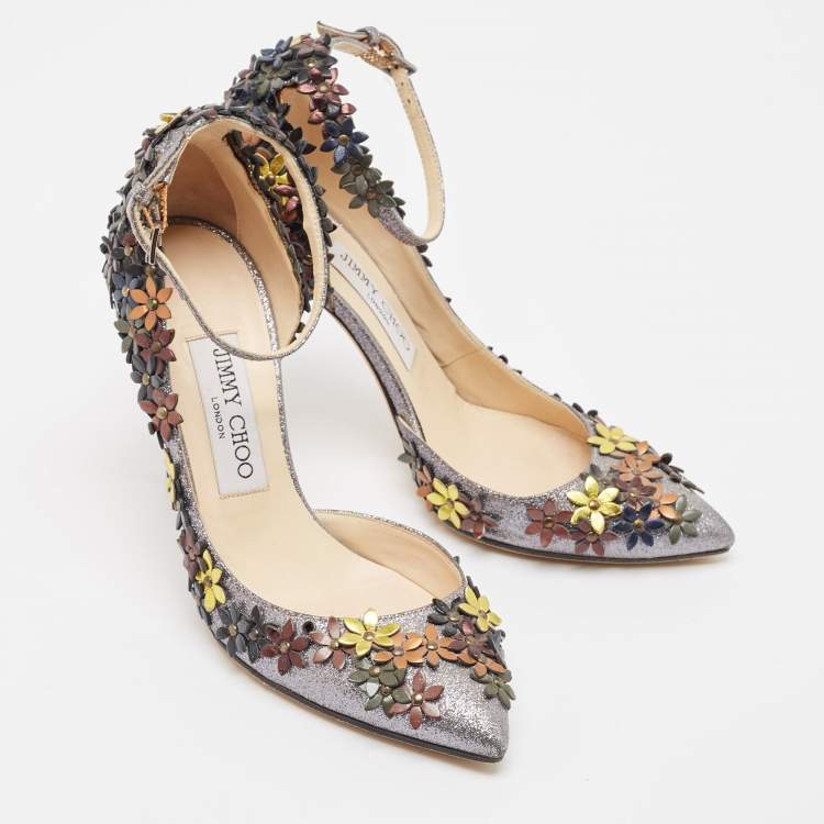 Pre Owned Jimmy Choo Grey Glitter Lorelai Ankle Strap Pumps Size 36