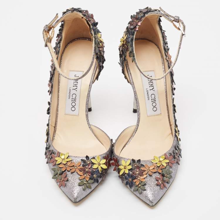Pre Owned Jimmy Choo Grey Glitter Lorelai Ankle Strap Pumps Size 36