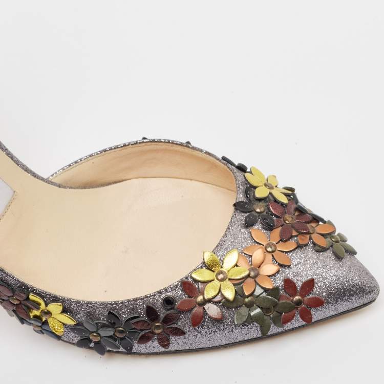 Pre Owned Jimmy Choo Grey Glitter Lorelai Ankle Strap Pumps Size 36