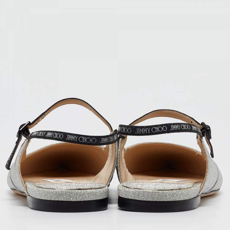 Pre Owned Jimmy Choo Silver Glitter Slingback Flat Sandals Size 39.5